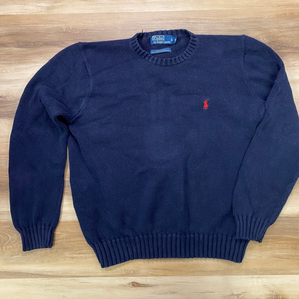 Vintage Polo Ralph Lauren Sweater Medium Crewneck Cotton Knit Navy Classic Pony